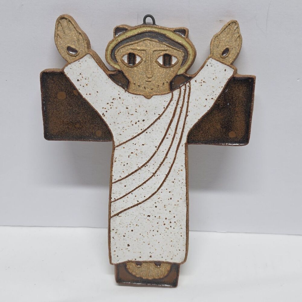 Vintage St Andrews Abbey Pottery Ceramic Christ Crucifix Wall Hanging Plaque